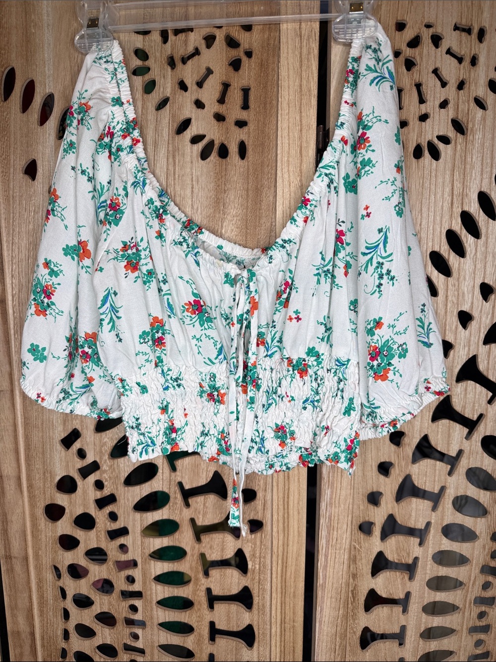 Unk White Floral Smocked Crop Top with Green & Red Print